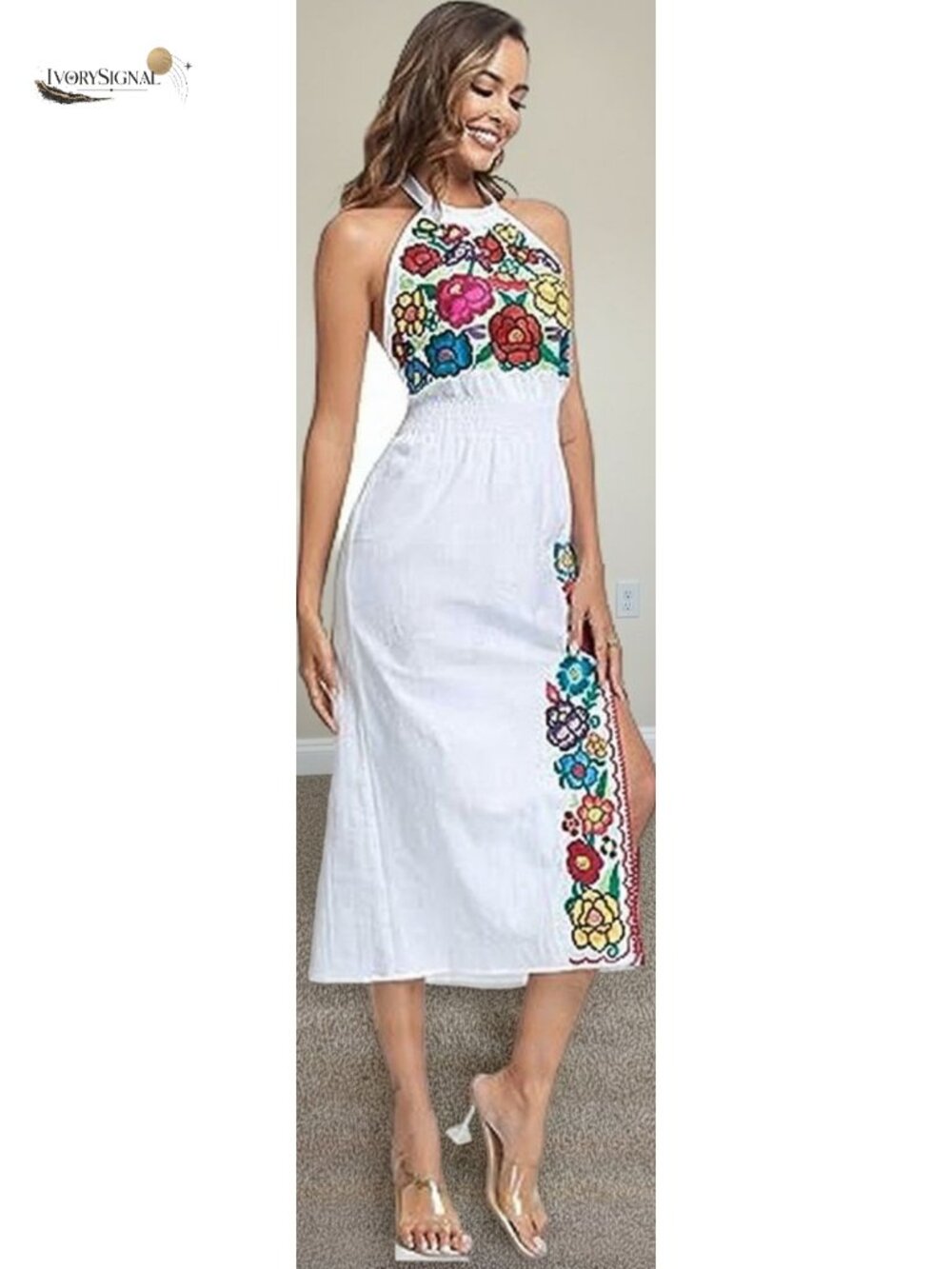 Mexican Floral Embroidered Halter Maxi Dress Cotton Side Slit Boho